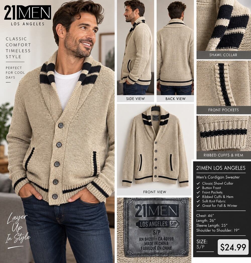 21MEN Men’s Knit Cardigan Sweater Collared Button Front Beige/Black Size S